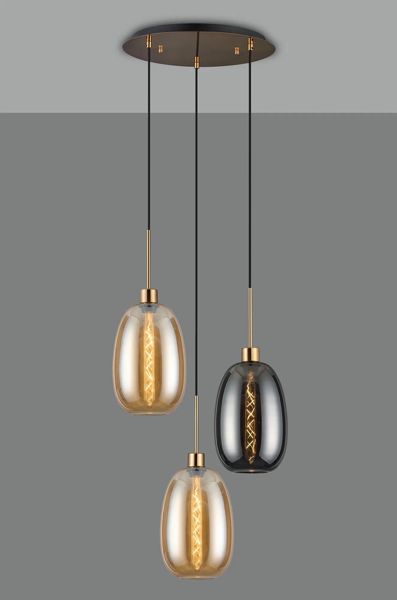 Lori 40cm Round Pendant, 3 Light Adjustable E27, Antique Gold/Amber/Smoke Slim Curved Trapezium Shades DK1176  Deco Lori Antique Gold
